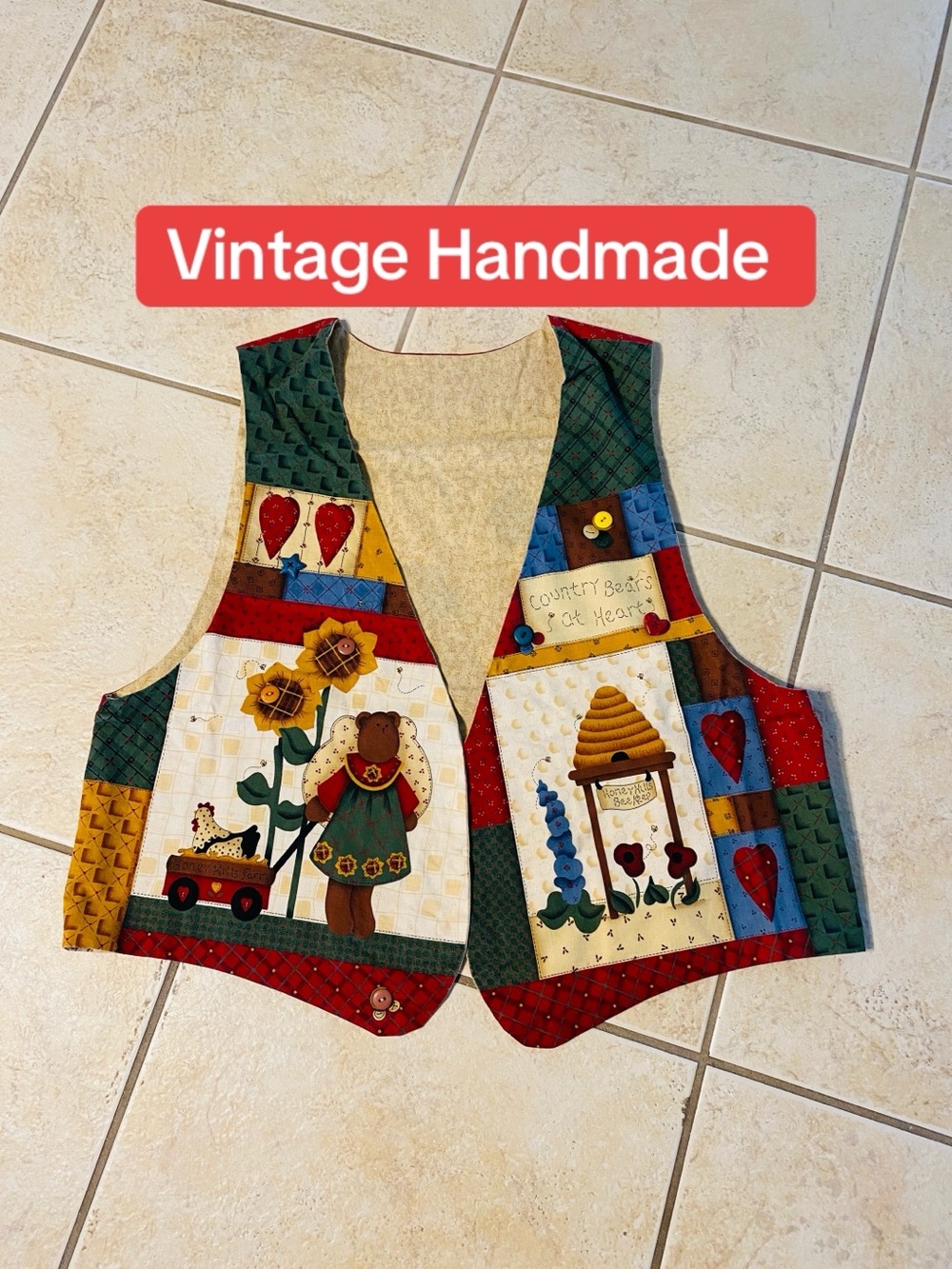 Vintage Handmade Country Bears Patchwork Cottage Vest in Red, Green, Yellow